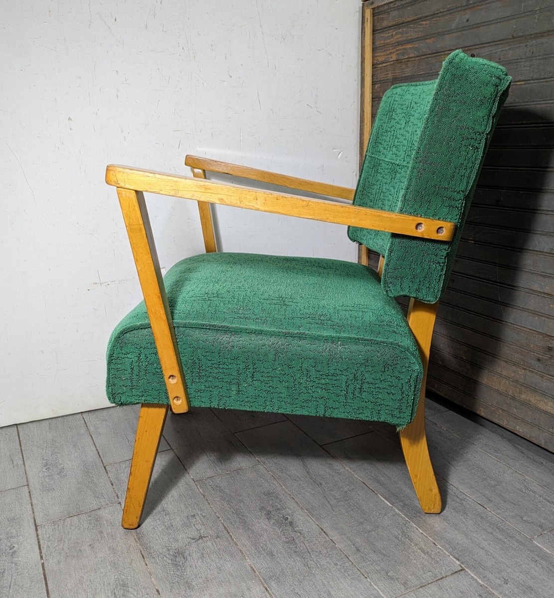 Vintage Mid Century Modern Atomic Green Slipper Lounge Arm Chair