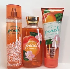 BBW Georgia Peach Sweet Tea New Shower Gel Cream & 95% Fragrance Mist 3Pc SET