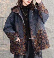 New Womens Short Coat Color Splicing Floral Jacket Cotton Outwear Hooded Parka