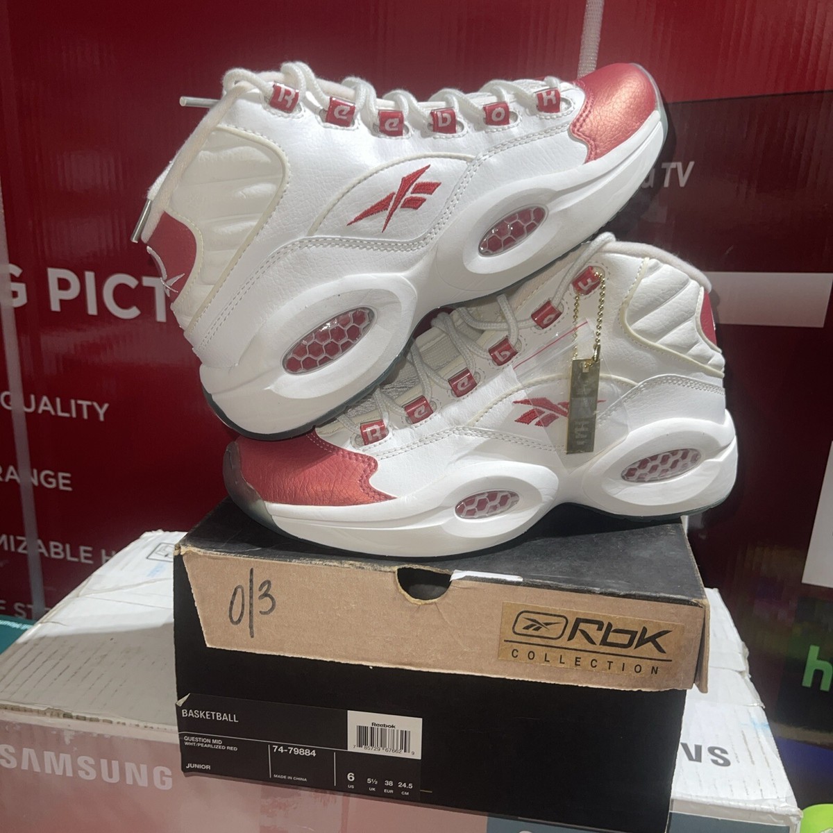 REEBOK QUESTION MID ANSWER ALLEN IVERSON WHITE PEARLIZED RED TOE