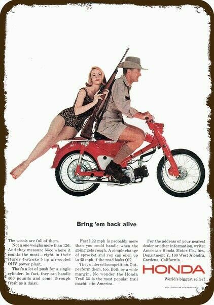 1963 HONDA TRAIL 55 Motorcycle & Sexy Woman w/ Gun DECORATIVE