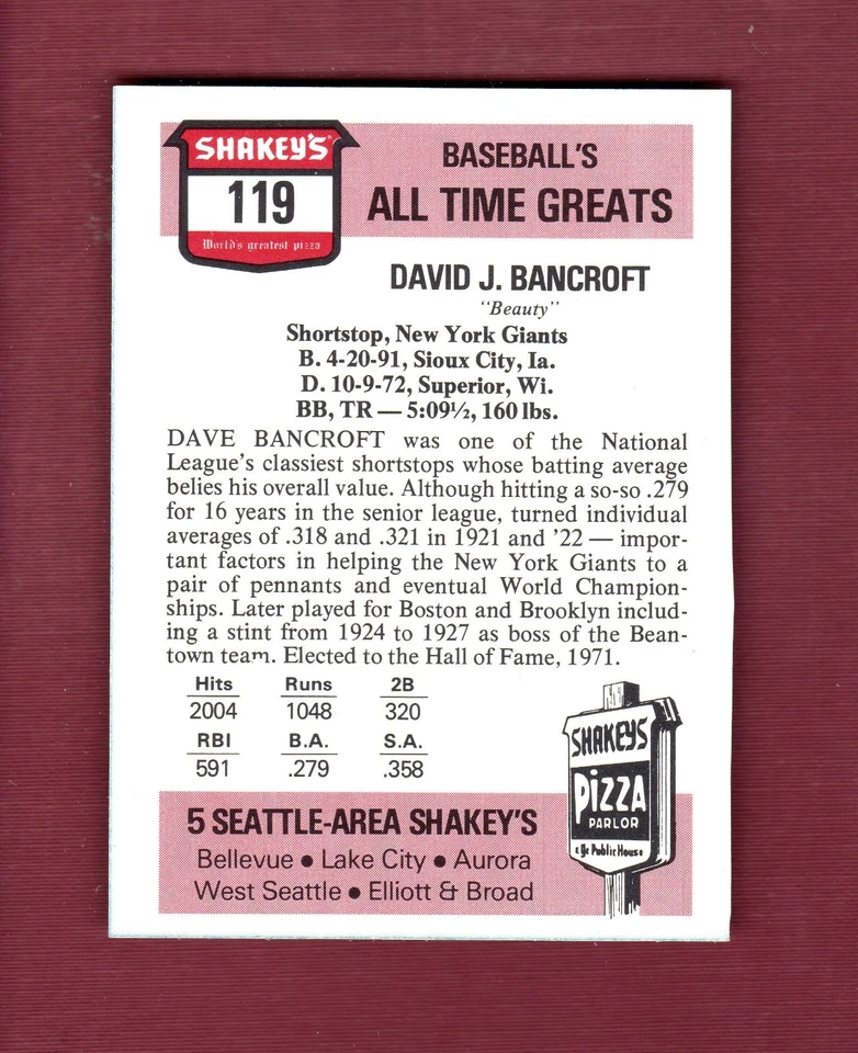 #119 DAVE BANCROFT, Braves ~ Shakeys Pizza Hall of Fame/All-Time Greats series - Image 2 of 2