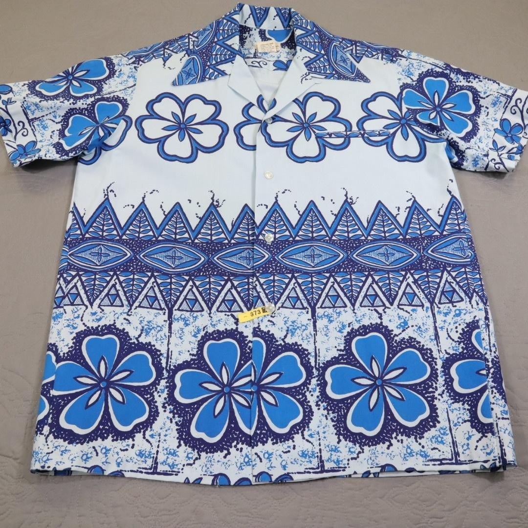 Vintage Arnold Christensen Hawaiian Shirt Mens Medium Blue Floral Aloha 70s 60s