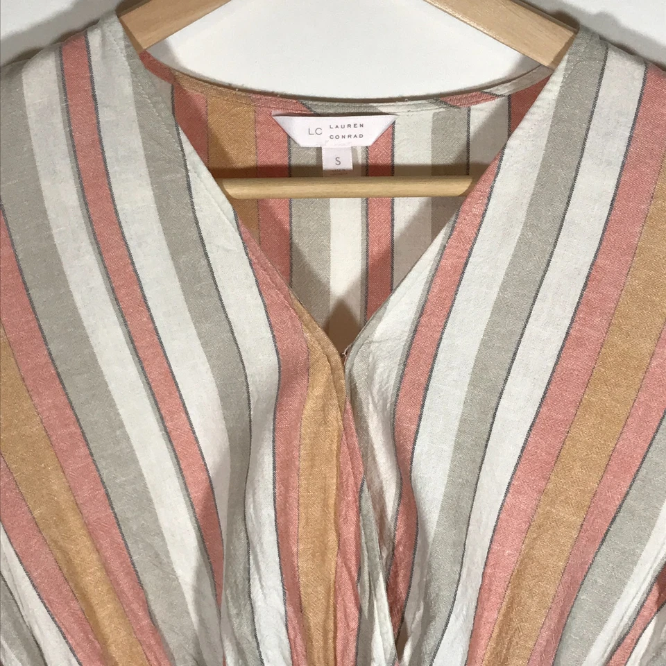 Vestido envolvente LC Lauren Conrad para mujer pequeño mezcla de lino pastel multicolor con volantes Foto 2 de 4