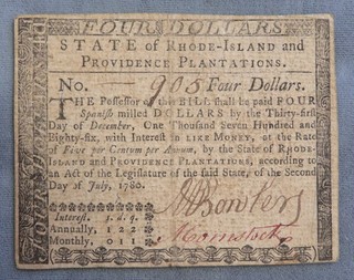 1780 State of Rhode Island & Providence Plantations $4.00 Currency Note inv# 278