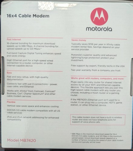 Motorola 16x4 Cable Modem Model MB7420 686 Mbps Channel Bonding - Picture 2 of 4