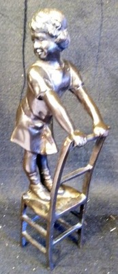 Bronze Art Sculpture Statue Figure Girl Young Child Kid Standing on a Chair