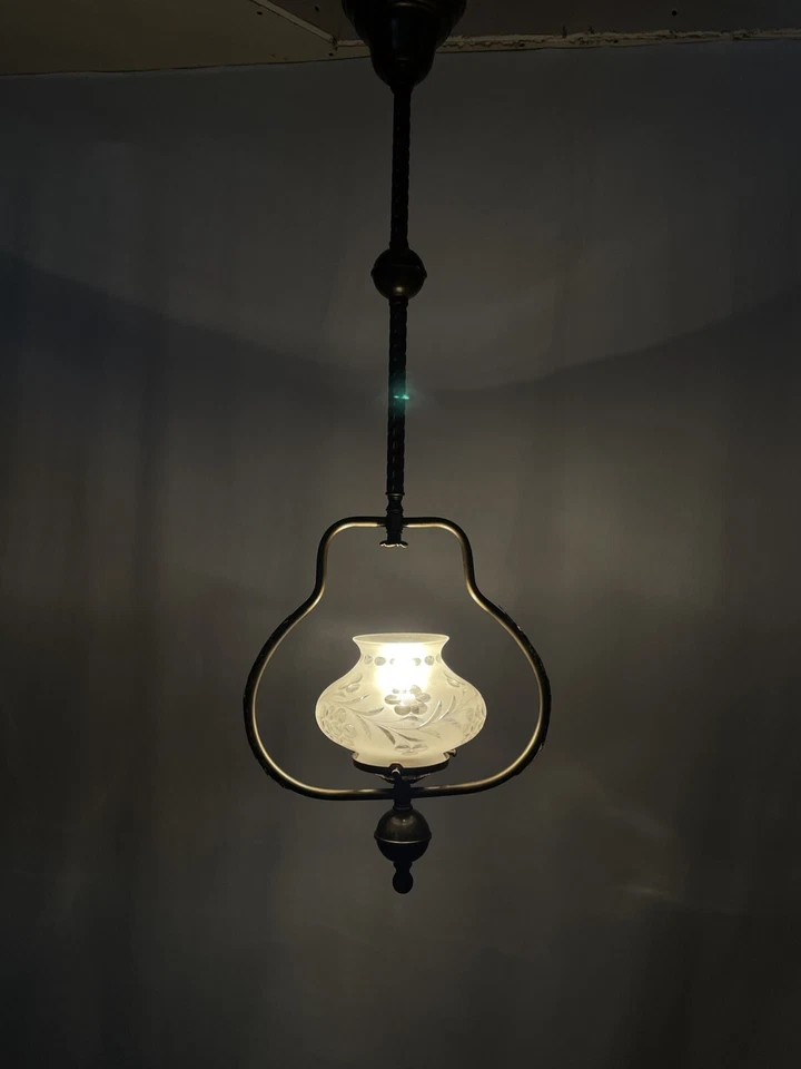 Lámpara colgante Lightolier antigua de colección Art Deco Nouveau estilo victoriano gas latón Foto 3 de 4