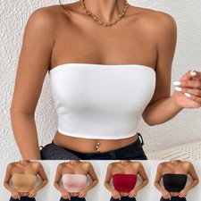 Ladies Boob Tube Top Strapless Bandeau Plain Stretchy Basic Vest Casual CropTop;