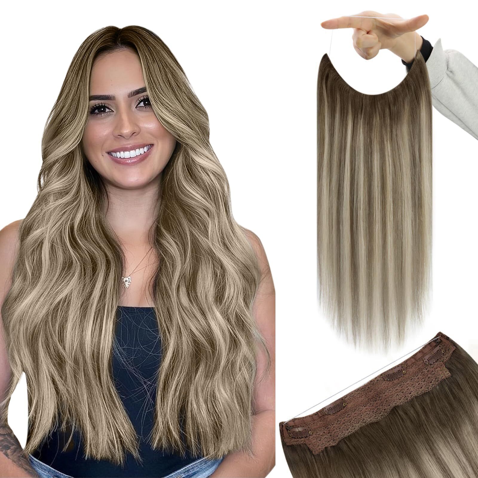 YoungSee Wire Hair Extensions Human Hair Brown Ombre Fish Line Hair
