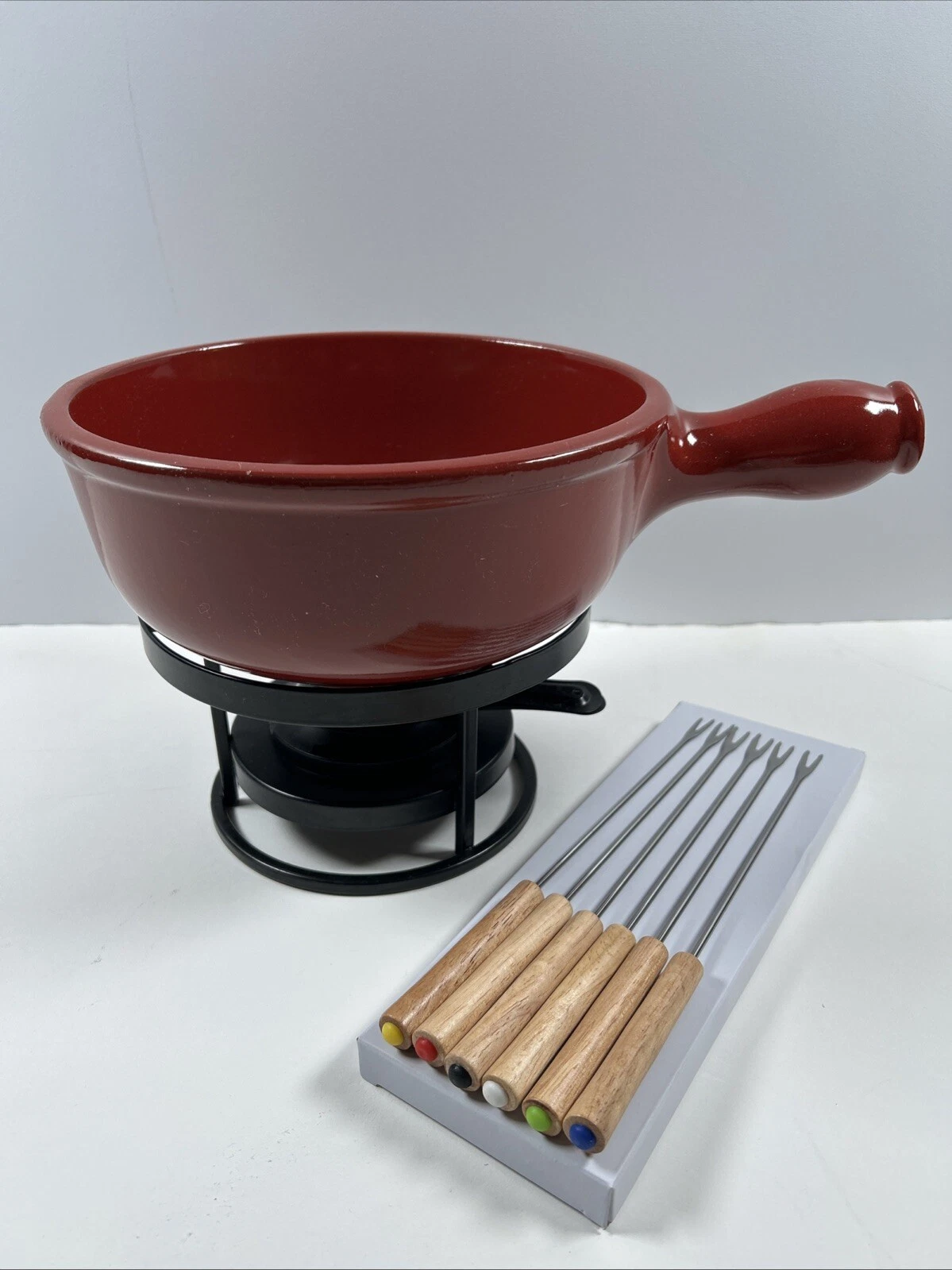 Emile Henry Flame Fondue Set 2.6 Quart Burgundy Ceramic w/Forks & Stand France