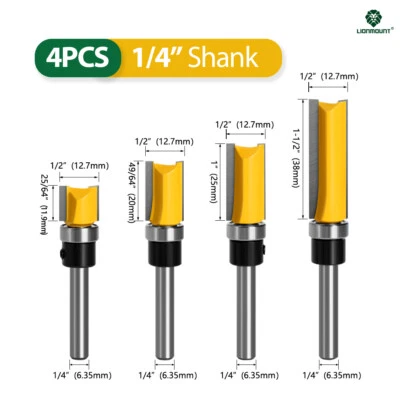LIONMOUNT 4PCS 1/4 Shank Straight Flush Trim Router Bit Set Woodwork Wood Template Cutter
