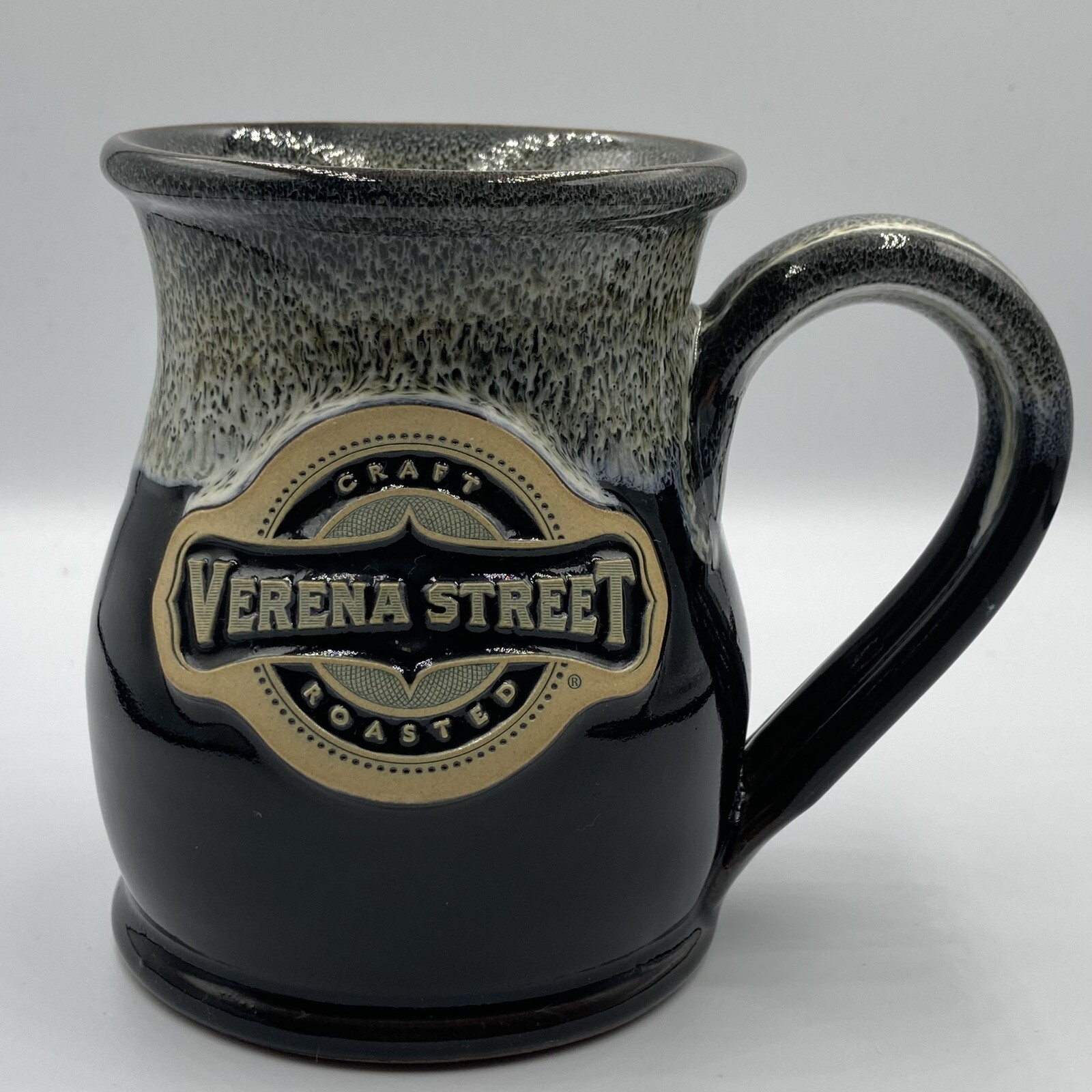 Deneen Pottery “Verena Street Coffee Co.” Black Glaze With Sand Rim Ceramic Mug.