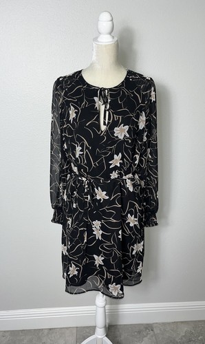 Elizabeth James Chiffon A Line Belted Dress Smocked Floral Sheer Long Sleeve L - Picture 6 of 19