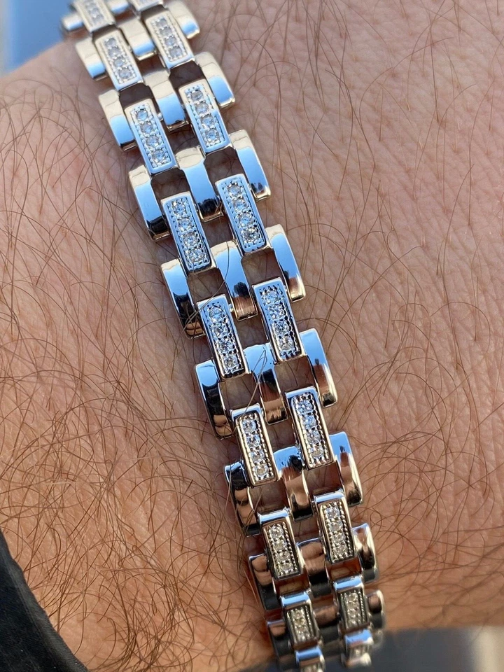 Brazalete de eslabones presidenciales de hip hop helado de plata esterlina 925 sólida real para hombre 12 mm Foto 2 de 4