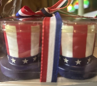 4 Patriotic Candles. Uncle Sam sHat. Red,White,Blue. July 4th. Unscented. 2 x2 