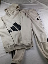 Boy's Size M 10/12 Adidas Sweat Suit . Beige / Tan Hooded Long Sleeve Joggers