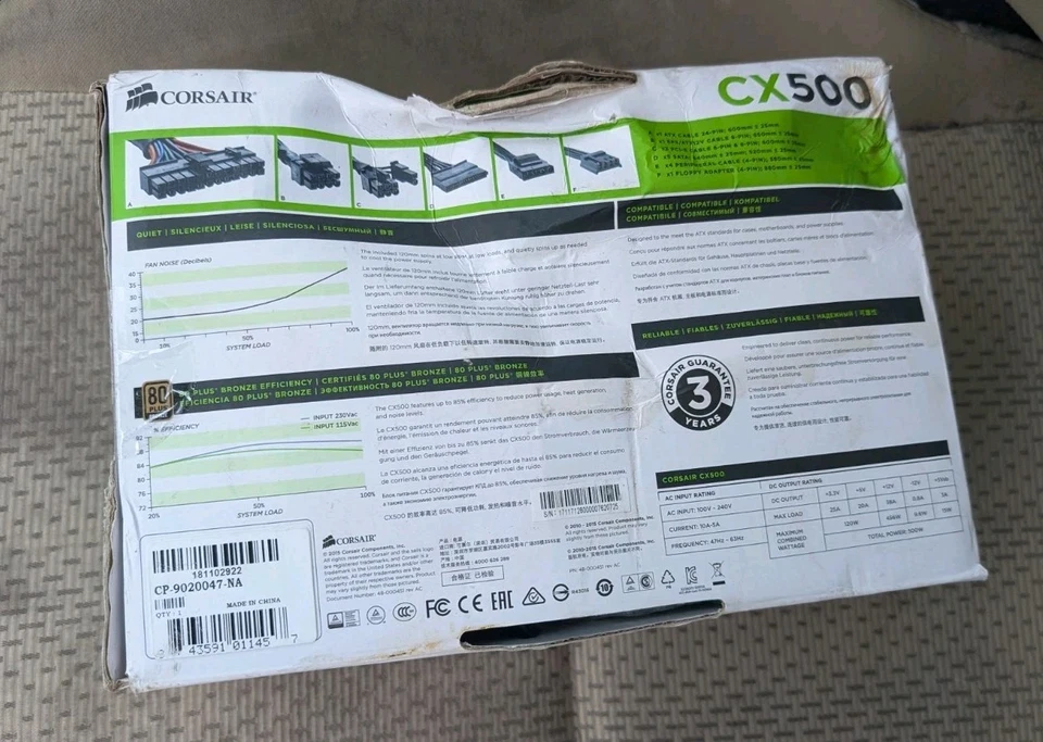 Corsair CX500 500W ATX Power Supply | 80 Plus Bronze New Damaged Box - Image 2 of 2