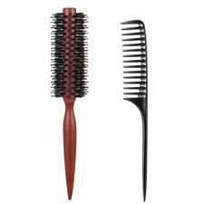 2 pcs Small Round Hair Brush with Pin Tail Comb, Natural Boar Bristle Hair