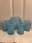 Fenton Blue Hobnail Pitcher With 6 Small Glasses