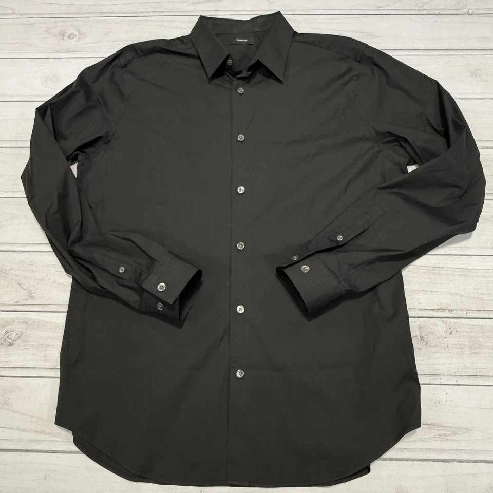 Camisa de vestir Theory para hombre negra L Sylvain Kenai algodón elástico ajustada con botones Foto 2 de 4