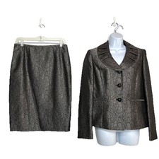 KASPER Polyester Lined Skirt Suit Size 6 Black Silver Shawl Collar Timeless New