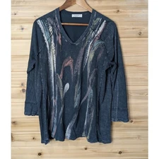 Jess & Jane Top Womens Large Gray Art Boho Classic Cotton 