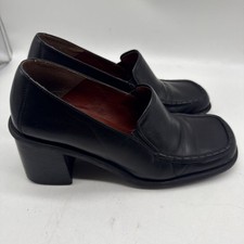 Nine West Leather Loafers Womens 8 Black Block Heel Chunky Square Toe Y2K