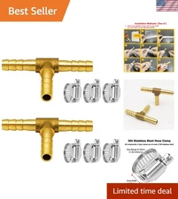 Rugged 2 pcs Brass Tee Barb & 6 Stainless Steel Clamps for Leak-Free Connections