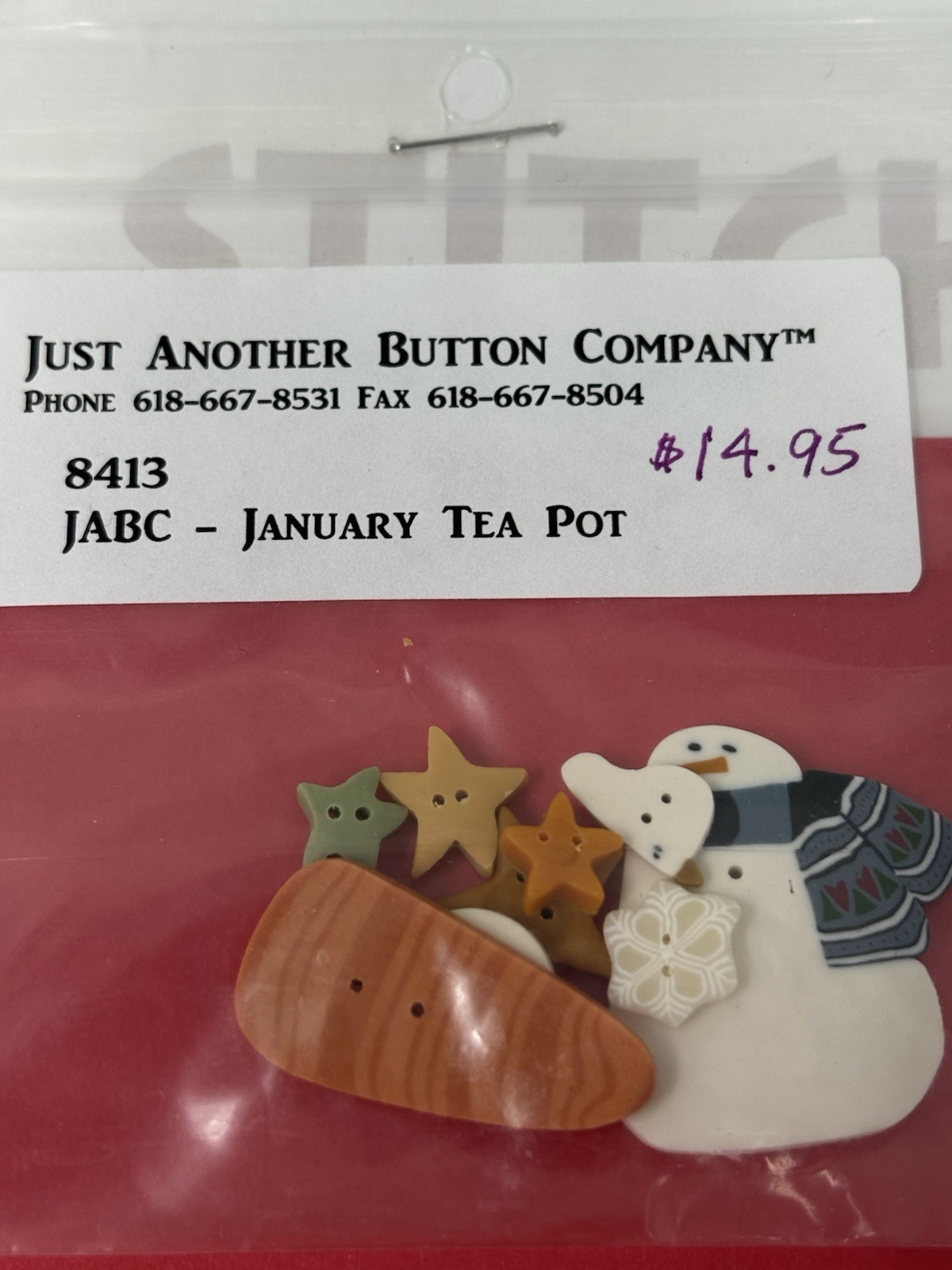 Just Another Button Company JANUARY Teapot Button Lot & Chart Snowman Winter