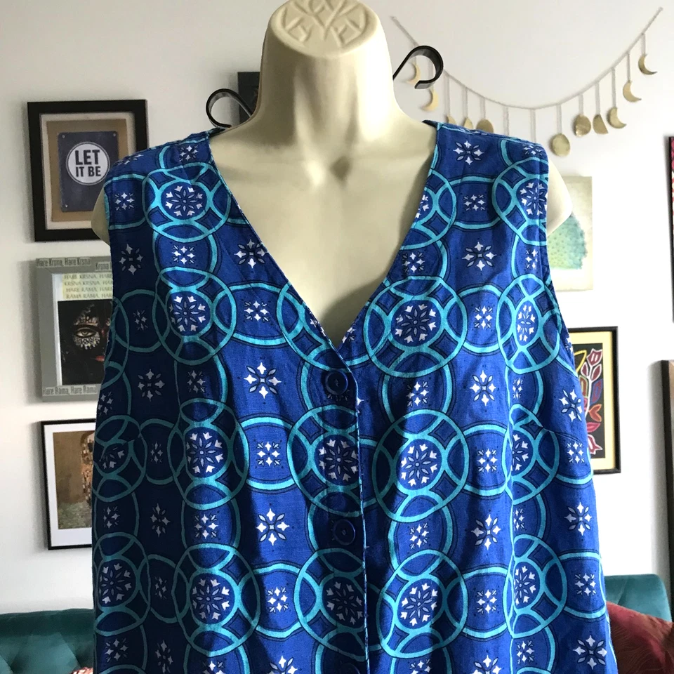 Vestido LIZ CLAIBORNE Talla XL Azul Estampado Geométrico Sin Mangas Mezcla de Lino Bolsillos Foto 2 de 4