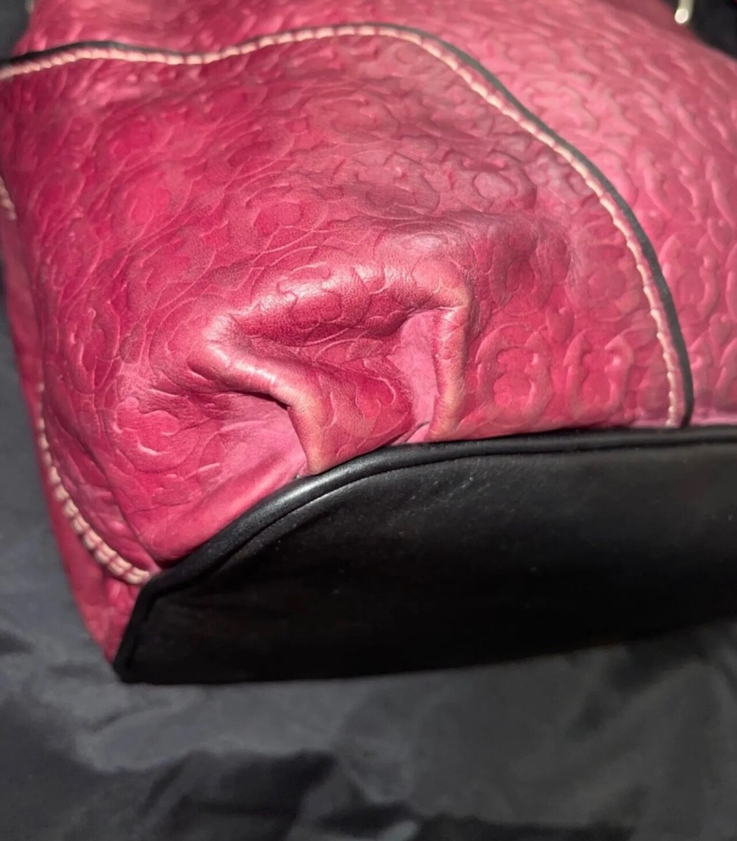 Sac Tous Authentique Cuir Bordeaux - Frappé Ours/coeur/tulipe, Anses Cuir Noir, Excellent état Occasion