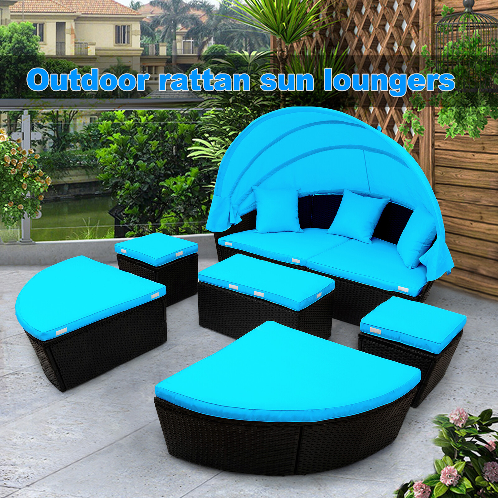 Outdoor Patio Sofa Furniture Round Retractable Canopy Daybed Brown
