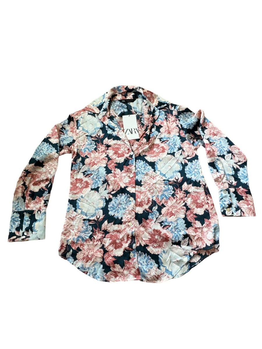 Zara Womens Shirt XS Satin Blouse Floral Print Button Up Zara Womens Shirt XS Satin Blouse Floral Print Button Up