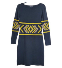 Tahari Womens XS Wool Knit Long Sleeve Tunic Sweater Dress Black Aztec Print