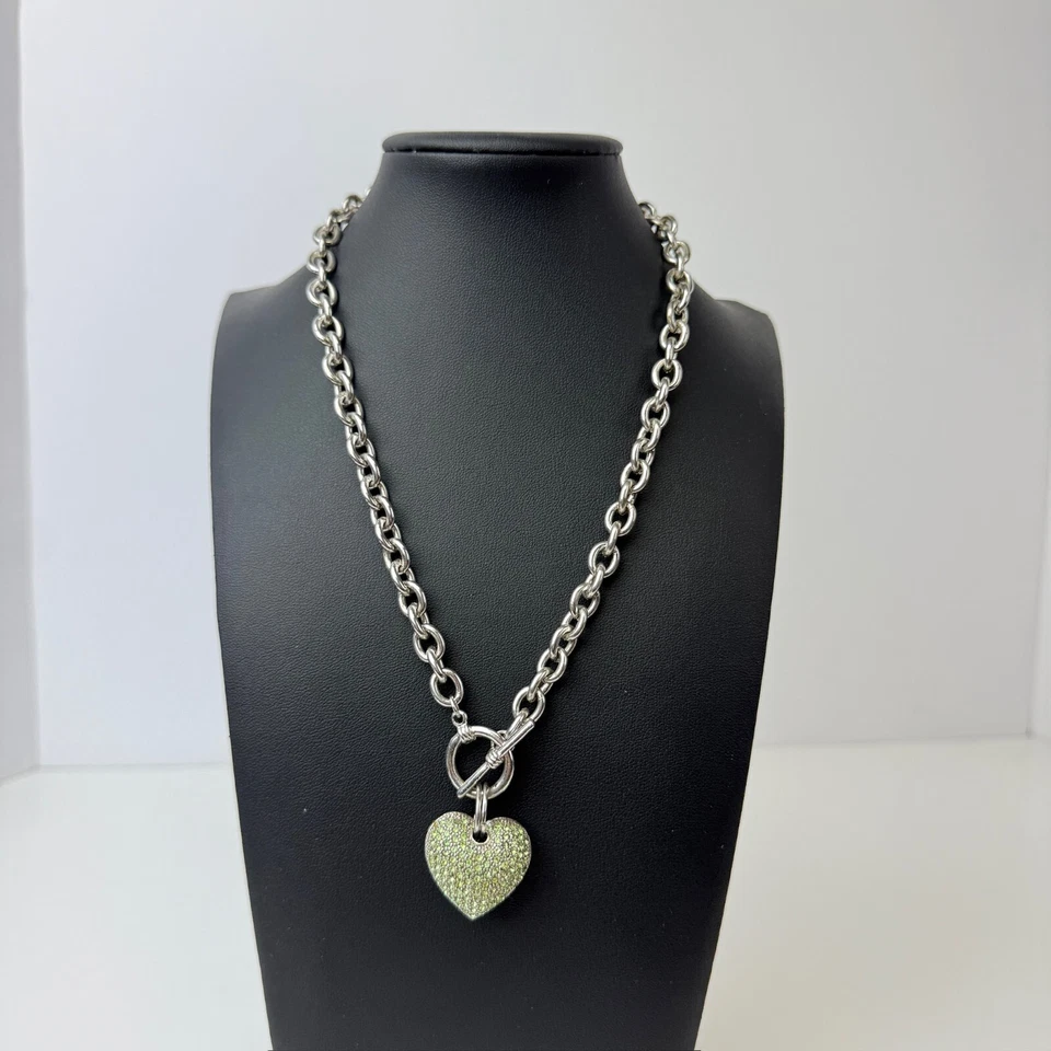 Green Crystal Puffy Heart Pendant Chunky Rolo Chain 18" Necklace CZ Toggle Clasp - Image 2 of 4