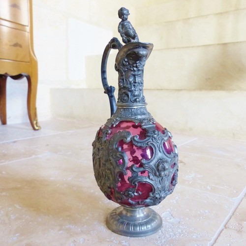 SUPERB LATE 19th CENTURY RUBY RED GLASS & PEWTER DECANTER BOTTLE - Picture 3 of 14