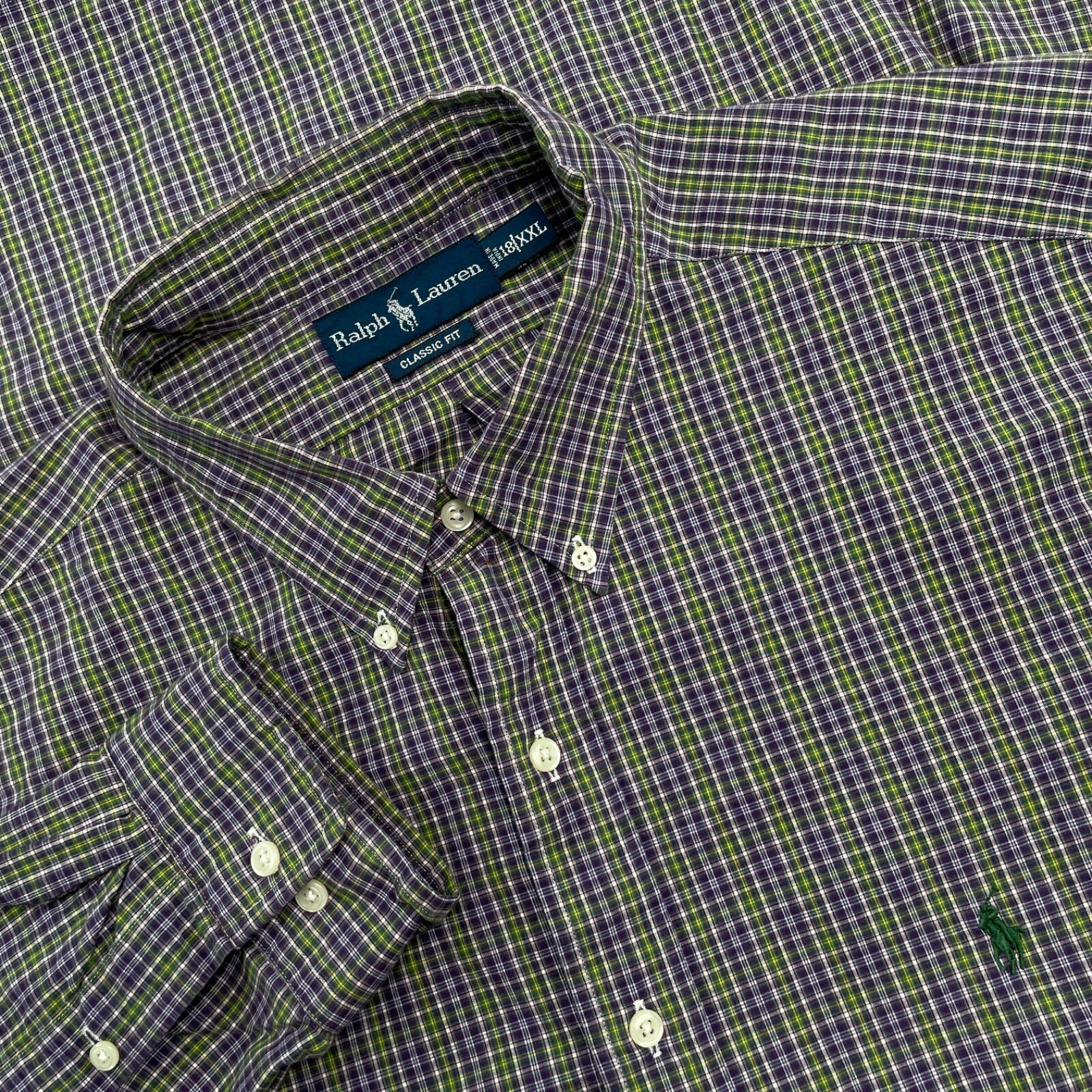Polo Ralph Lauren camicia uomo 2XL quadri viola verde manica lunga pony preppy vintage