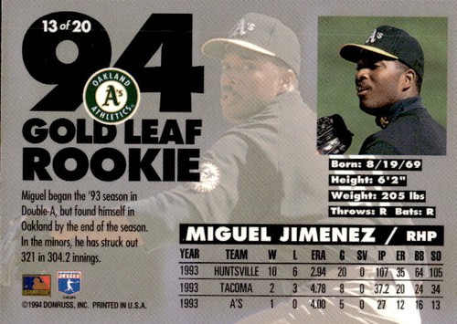 1994 Leaf Miguel Jimenez Gold Leaf Rookies 13 Oakland Athletics - Picture 2 of 2