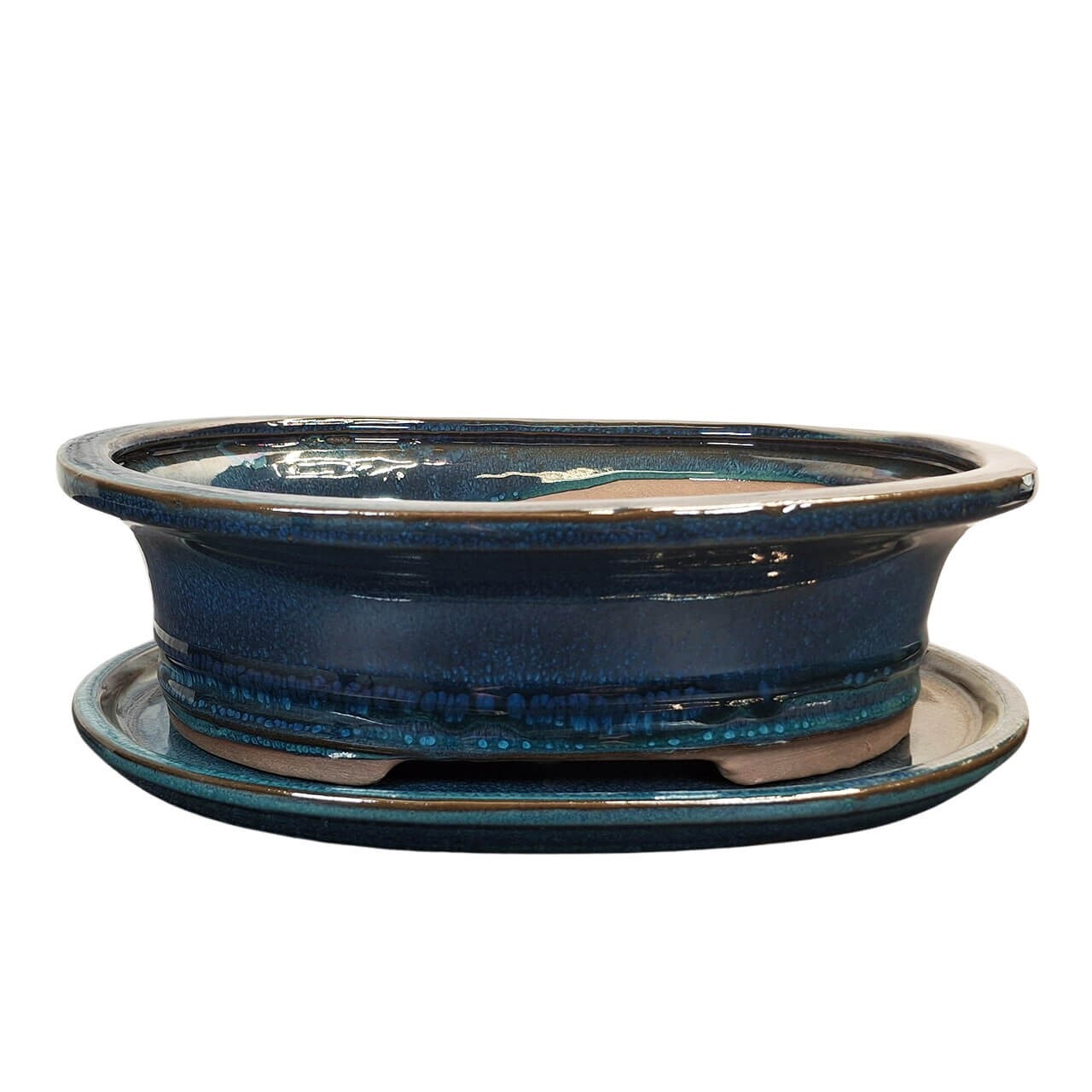 Blue Bonsai Pot & Drip Tray | 260x205x75 | Glazed Ceramic Pot | Oval Pot