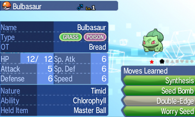 SHINY 6IV Bulbasaur / lv1 Hidden Ability / Pokemon XY ORAS Ultra + Sun Moon  3DS