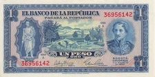 COLOMBIA 1 Peso 1953, P-398, Pretty Waterlow & Sons Note, Original AU/AUNC