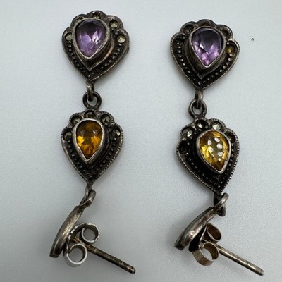 925 Silber Ohrringe Markasit Stil lila gelbe Steine Vintage Tropfen Ohrstecker
