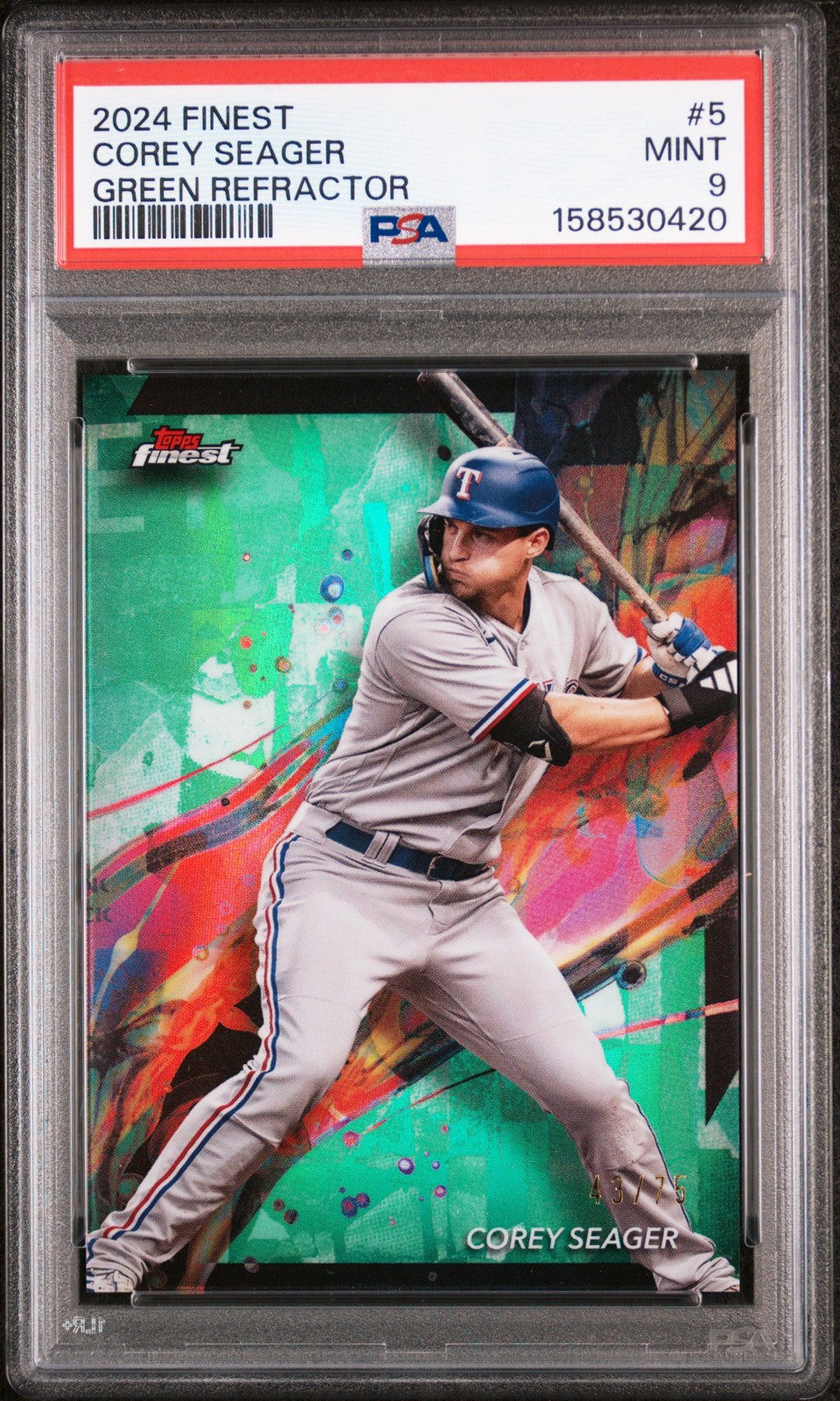 2024 TOPPS FINEST GREEN REFRACTOR #5 COREY SEAGER 43/75 PSA 9