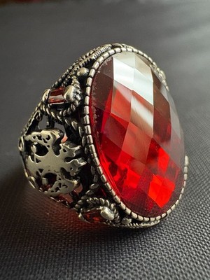 925 Sterling Silver Orange Red CZ Ring Double Headed Eagle Ring Size 8.25 US