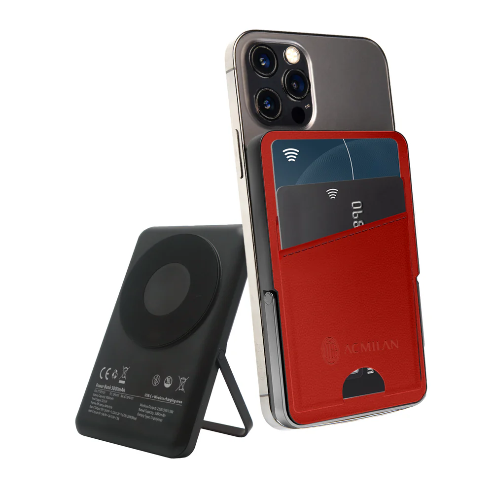 Techmade Powerbank Wireless Batteria da 5000 mAh e Portacarte Milan Red smart