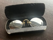 Antique 12K Gold Pince Nez Spectacles, Nose Pinch Bifocal Glasses w/Vintage Case