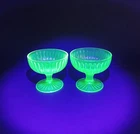 2 Vintage Uranium Glass Ribbed Footed Parfait Ice Cream Sherbet Dessert Dish