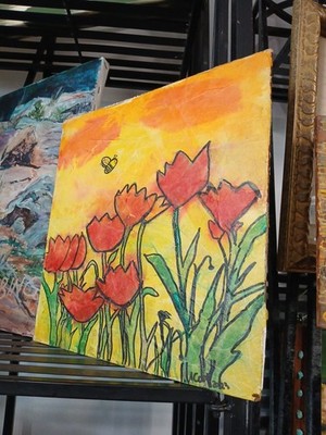 Colorful ABSTRACT POPPIES  Tissue paper  & India Ink PAINTING Naive Childlike 