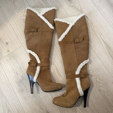 Vintage Suede Real Leather Tan Boots With Fur Detail And Size Zipper Size 8
